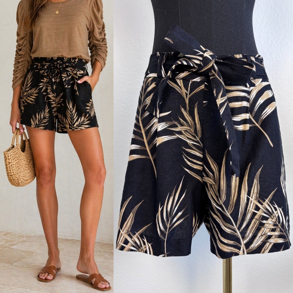 C&C California Tropical Palm Print Linen Blend Paperbag Shorts Black Tan Size 2